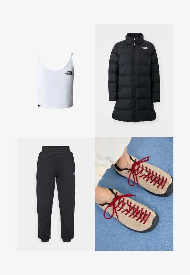 Schwarze Daunenjacke mit hohem Kragen, Reißverschluss auf der Vorderseite und gesteppten horizontalen Nähten, mit einem Logo auf der linken Brust. Mittellanges Design.; Weißes kurzes Tanktop mit dünnen Trägern, mit dem schwarzen The North Face-Logo auf der Brust und nahe dem unteren Saum.; The North Face W MOUNTAIN ATHLETICS - Jogginghose - black; Beige Schuhe mit roten Schnürsenkeln, die auf einer blauen strukturierten Fläche positioniert sind und teilweise ein Fußgelenk einer Person zeigen. Die Schuhe haben ein sportliches Design.