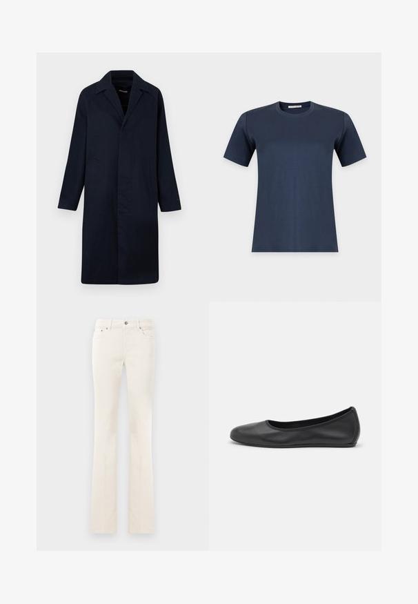 Donker marineblauwe lange overjas met een notched kraag, lange mouwen en twee zijzakken, getoond tegen een effen achtergrond.; Effen marineblauw T-shirt met korte mouwen en ronde hals, afgebeeld op een witte achtergrond.; Witte rechtwijdige jeans met knopen aan de voorkant en zakken, weergegeven tegen een effen witte achtergrond.; Zwarte leren ballerina met een ronde neus, gladde textuur, minimale stikdetails en een flexibele zoolontwerp.