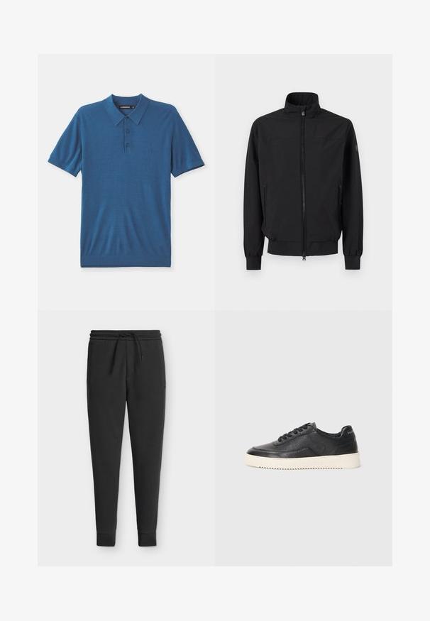 Schwarze Jacke mit Reißverschluss, Stehkragen, elastischen Bündchen und seitlichen Reißverschlusstaschen, präsentiert auf weißem Hintergrund.; Blaues Polohemd aus weichem Stoff, mit Kragen, Knopfleiste mit drei Knöpfen und kurzen Ärmeln. Dezent gehaltenes Logo-Detail auf der Brust.; Schwarze, zulaufende Sweatpants mit elastischem Bund, Kordelzug, Seitentaschen und gerippten Bündchen, vor hellem Hintergrund freigestellt.; Schwarze Leder-Sneaker mit strukturierter Oberfläche, runder Zehenpartie und flacher weißer Gummisohle. Features schwarze Schnürsenkel und Branding an der Ferse.