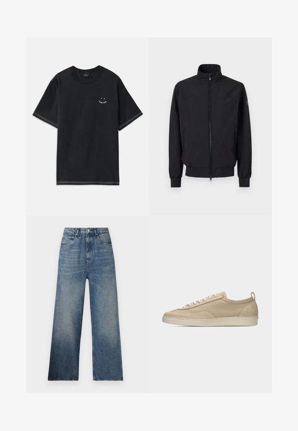 Schwarze Jacke mit Reißverschluss, Stehkragen, elastischen Bündchen und seitlichen Reißverschlusstaschen, präsentiert auf weißem Hintergrund.; Schwarzes Baumwoll-T-Shirt mit kurzen Ärmeln, runder Ausschnitt und weißen Nähten. Enthält ein kleines grafisches Motiv auf der Brust.; Blaue Denim-Hosen mit weitem Bein und hohem Bund, mit subtilen Verfärbungen, fünf Taschen und einem Metallknopfverschluss vorne.; Beiger Sneaker mit niedriger Schafthöhe, Obermaterial aus Stoff und Wildleder, weißen Schnürsenkeln, Gummisohle und Fersenlasche, seitlich auf weißem Hintergrund dargestellt.