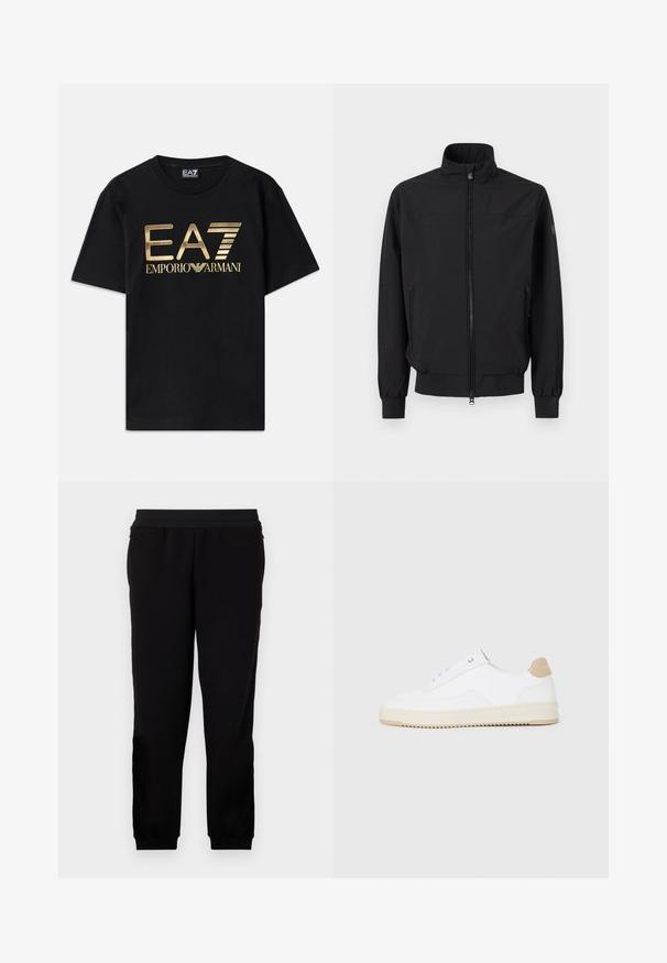 Schwarze Jacke mit Reißverschluss, Stehkragen, elastischen Bündchen und seitlichen Reißverschlusstaschen, präsentiert auf weißem Hintergrund.; Schwarzes Baumwoll-T-Shirt mit kurzen Ärmeln, auf dessen Vorderseite ein in Gold gedrucktes "EA7 EMPORIO ARMANI" Logo prangt. Schlichtes Design, Rundhalsausschnitt.; Schwarze Sweatpants aus einem weichen Material, mit elastischem Bund, eng anliegenden Bündchen und Seitentaschen für zusätzlichen Komfort.; Weiße Low-Top-Sneaker mit einem strukturierten Lederobermaterial, cremefarbener, geriffelter Sohle und einem braunen Akzent an der Ferse. Mit weißen Schnürsenkeln und Logodetail an der Ferse.