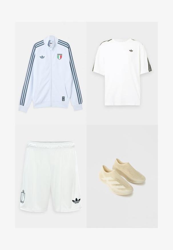 Λευκό μπουφάν Adidas με φερμουάρ και σκούρες μπλε ρίγες στα μανίκια, έμβλημα Ιταλίας στο στήθος και λογότυπο Adidas στο μπροστινό μέρος και στο κάτω άκρο.; Λευκό βαμβακερό t-shirt με κοντά μανίκια, με μαύρες τρεις ρίγες στους ώμους και ένα μικρό μαύρο λογότυπο στο στήθος.; Λευκά αθλητικά σορτς με ελαστική μέση, με μαύρο λογότυπο Adidas στο δεξί πόδι και έμβλημα με ασπίδα στο αριστερό πόδι.; Ζευγάρι μπεζ παπούτσια slip-on με πλέγμα, δίχτυ δομή και τρεις λεπτομέρειες με ρίγες σε απλό ανοιχτό γκρι φόντο.