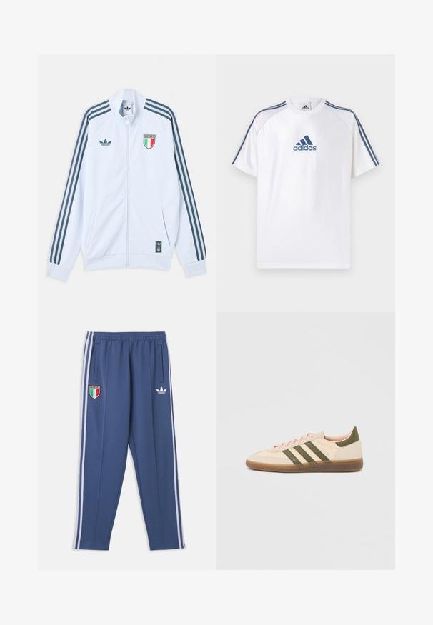 Λευκό μπουφάν Adidas με φερμουάρ και σκούρες μπλε ρίγες στα μανίκια, έμβλημα Ιταλίας στο στήθος και λογότυπο Adidas στο μπροστινό μέρος και στο κάτω άκρο.; Λευκό μπλουζάκι Adidas με μπλε λεπτομέρειες, κοντά μανίκια και στρογγυλή λαιμόκοψη. Φέρει το λογότυπο Adidas σε μπλε χρώμα στο μπροστινό μέρος και τρεις ρίγες στους ώμους.; Μπλε παντελόνι φόρμας με λευκές πλευρικές ρίγες, ελαστική μέση, σήμα με τη σημαία της Ιταλίας στον αριστερό μηρό και λευκό λογότυπο Adidas trefoil στον δεξί μηρό.; Χαμηλού προφίλ μπεζ αθλητικό παπούτσι Adidas Spezial με πράσινες ρίγες, σόλα από καουτσούκ και την επωνυμία "SPEZIAL" στην πλευρά, εμφανίζεται από την εξωτερική πλευρά.