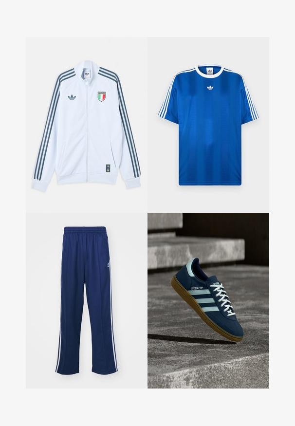 Chaqueta blanca de Adidas con cremallera, con rayas azul oscuro en las mangas, escudo de Italia en el pecho y logo de Adidas en la parte delantera y en el dobladillo inferior.; Camiseta deportiva azul real hecha de tela suave, con franjas blancas en las mangas y un pequeño logo blanco en el pecho.; Pantalones deportivos en azul marino con un corte relajado, que presentan franjas laterales blancas y una cintura elástica. Tejido suave, sin patrones visibles ni herrajes.; Zapatilla azul Adidas Spezial con rayas y cordones blancos, suela de goma, flotando sobre una superficie de hormigón rugosa y escaleras de fondo.