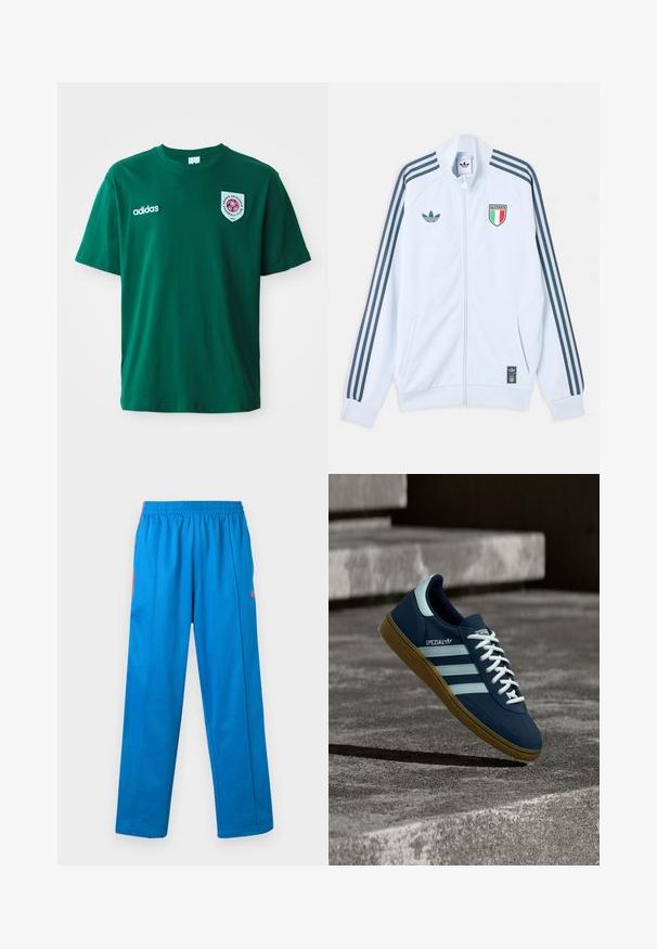 Valge Adidas lukuga jakk tumedate siniste triipudega varrukatel, Itaalialeemend rinnal ja Adidas logo ees ning alumisel äärel.; Roheline puuvillane T-särk, ümmarguse kaelusega, lühikeste varrukatega, Adidas'i logo vasakul küljel ja ringikujuline märk punase disainiga paremal.; Sinised sportpüksid elastse vöökohaga, oranžide küljeribadega ja siledast kangast, sirgete säärtega ja taskuteta.; Sinine Adidas Spezial tennisk, valgete triipude ja paeltega, kummist tallaga, hõljub kareda betoonpinna ja sammude kohal taustal.