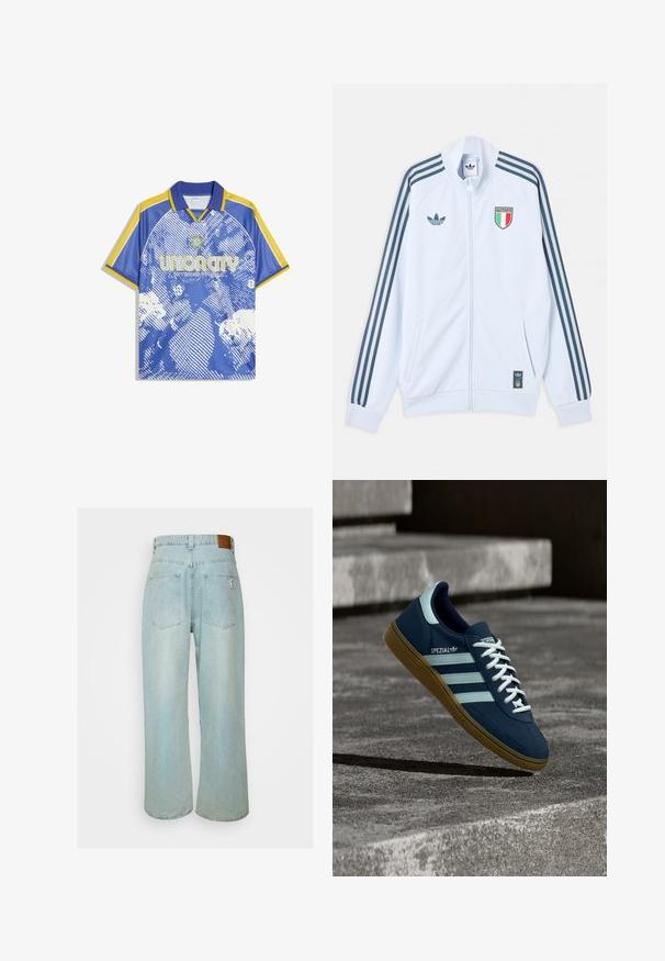 Veste blanche Adidas zippée avec des rayures bleu foncé sur les manches, écusson de l’Italie sur la poitrine, et logo Adidas sur le devant et l’ourlet inférieur.; Maillot de sport bleu et jaune à manches courtes avec motif blanc abstrait, texte « Union City International » et un petit emblème sous le col.; Jean en denim bleu clair, à taille haute et jambes larges, avec deux poches arrière et une étiquette en cuir à la taille. Texture douce.; Baskets Adidas Spezial bleues avec des rayures et des lacets blancs, semelle en gomme, flottant au-dessus d'une surface en béton rugueuse et des marches en arrière-plan.