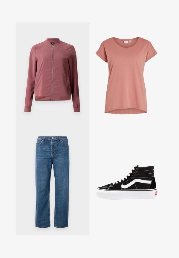 Leichte, kastanienbraune Bomberjacke mit rundem Kragen, Vorderreißverschluss und zwei seitlichen Taschen. Verfügt über gerippte Bündchen und Saum für eine enganliegende Passform.; Rosa Damen-T-Shirt mit kurzen Ärmeln, rundem Ausschnitt und aufgekrempelten Ärmelsäumen, schlichtem Design und leicht geschwungenem Saum.; Blaue Jeans aus Denim mit geradem Bein und hoher Taille. Zu den Merkmalen gehören Fronttaschen, ein Knopfverschluss und dezente Nähte.; Schwarze High-Top-Sneaker mit weißen Schnürsenkeln, einem weißen Logo und kontrastierendem weißen Nähten. Verfügt über eine dicke weiße Sohle und ein strukturiertes Wildleder-Obermaterial.