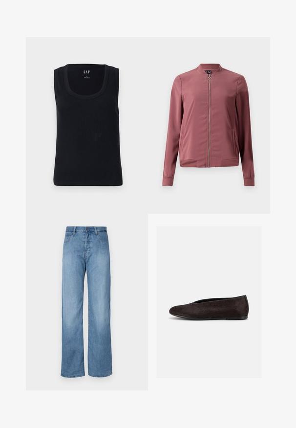 Letthvægts, kastanjemaroon bomberjakke med rund krave, frontlynlås og to sidelommer. Har ribbede manchetter og kant for et tætsiddende look.; Sort ribbet tanktop med rund halsudskæring, ærmeløs design og tætsiddende silhuet. Mærket er vist i den øverste midte.; Lyseblå denim brede bukser med et klassisk fem-lomme design, knaplukning og diskrete syninger langs sømmene.; Sort flad balletskøjte med rundet tå og glat, let tekstureret overdel set fra siden på en ensartet lys baggrund.