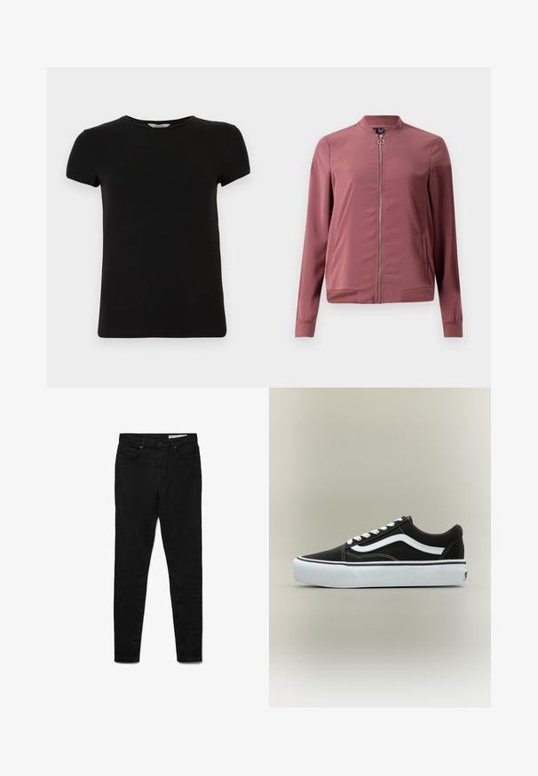 Lichtgewicht, kastanjebruine bomberjack met een ronde kraag, rits aan de voorkant en twee zijzakken. Heeft ribgebreide manchetten en onderrand voor een aansluitende look.; Zwart t-shirt met korte mouwen en ronde hals, gemaakt van soepel katoen, met een eenvoudig ontwerp en zonder zichtbare patronen of accenten.; Zwarte denim jeans met een slanke pasvorm, voorzien van een taille op middenhoogte, vijf zakken, metalen knoopsluiting en subtiele stiksel-details.; Lage zwarte sneaker met witte zijstreep, witte veters, witte rubberen zool en gestructureerde neus op een neutrale achtergrond.