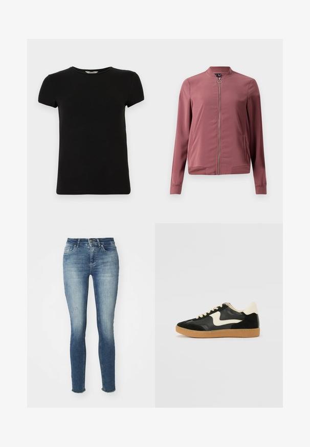 Letthvægts, kastanjemaroon bomberjakke med rund krave, frontlynlås og to sidelommer. Har ribbede manchetter og kant for et tætsiddende look.; Sort kortærmet t-shirt med rund hals, lavet af glat bomuldsstof, med et enkelt design og uden synlige mønstre eller accenter.; Slanke blå jeans lavet af denim, med en falmet vask, let slid på fronten og flosset kant ved anklerne.; Sorte ruskinds- og lædersneakers med en cremefarvet side-swoosh og lys cremefarvet hæl. Har beige snørebånd og en gummirubber-sål.