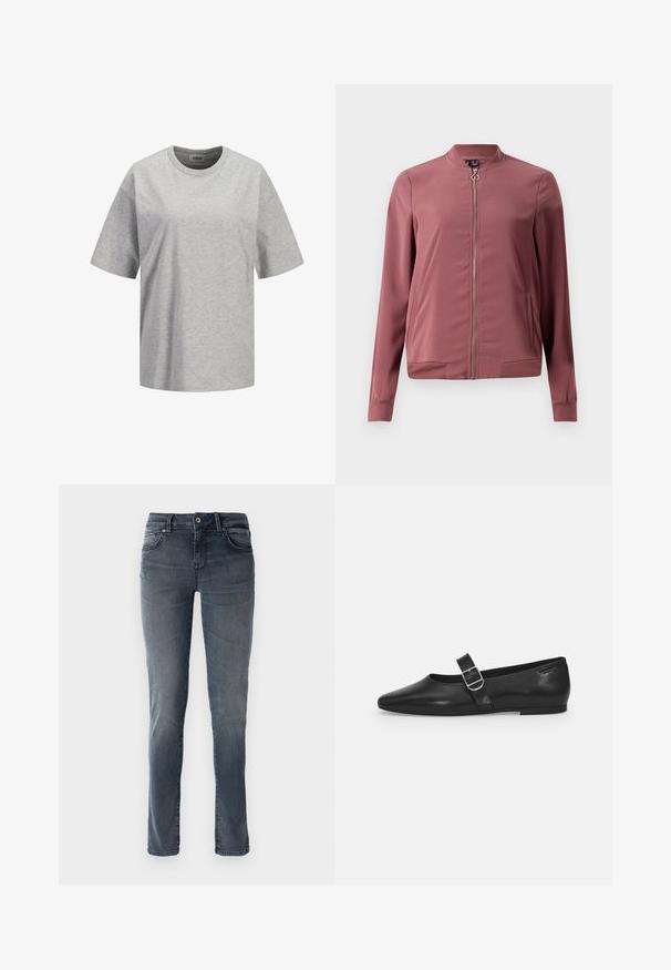 Leichte, kastanienbraune Bomberjacke mit rundem Kragen, Vorderreißverschluss und zwei seitlichen Taschen. Verfügt über gerippte Bündchen und Saum für eine enganliegende Passform.; Hellgraues T-Shirt mit kurzen Ärmeln und Rundhalsausschnitt, mit kleinem weißen "JJXX STUDIO"-Logo mittig auf der Brust.; Dunkelblaue Jeans aus Denim mit geradem Bein, fünf Taschen, Gürtelschlaufen und einem ausgewaschenen Finish. Metallknopf und Reißverschluss.; Schwarzer Lederflatschuh mit runder Zehenform, einem verstellbaren Schnallenriemen und einer glatten, glänzenden Oberfläche. Minimalistisches Design mit einem niedrigen Absatz.