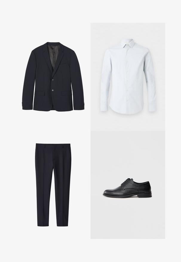 Donker marineblauwe blazer met twee knopen, ingetrapt revers, borstzak, twee voorzakken met klep en knoopmanchetten, plat weergegeven op witte achtergrond.; Lichtblauw herenoverhemd met lange mouwen, knopen, een puntige kraag en een subtiel gestructureerd patroon op een witte achtergrond.; Navy blauwe slim-fit formele broek met riemlussen en zijzakken, voorvouw detail, geschikt voor zakelijke of formele kleding.; Zwart leren dress shoe met een gladde neus en een gestructureerde panelen aan de zijkanten, met vijf veteroogjes en een laag profiel rubberen zool.