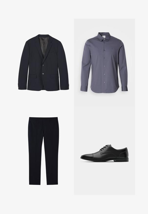 Mørk marineblå blazer med to knapper, notched revers, brystlomme, to forlommer med klap og knapmanchetter, vist fladt på hvid baggrund.; Langærmet skjorte i mørkegrå stof. Har en klassisk krave, frontknapper og et diskret logo på brystet. Glat tekstur.; Sorte skræddersyede bukser med lige ben, bælteholdere, sidelommer og fladt frontdesign.; Sorte læder slipsede sko med rund tå, glat tekstur, seks snørehuller og en lav sort sål. Har en subtil søm hen over tåen.