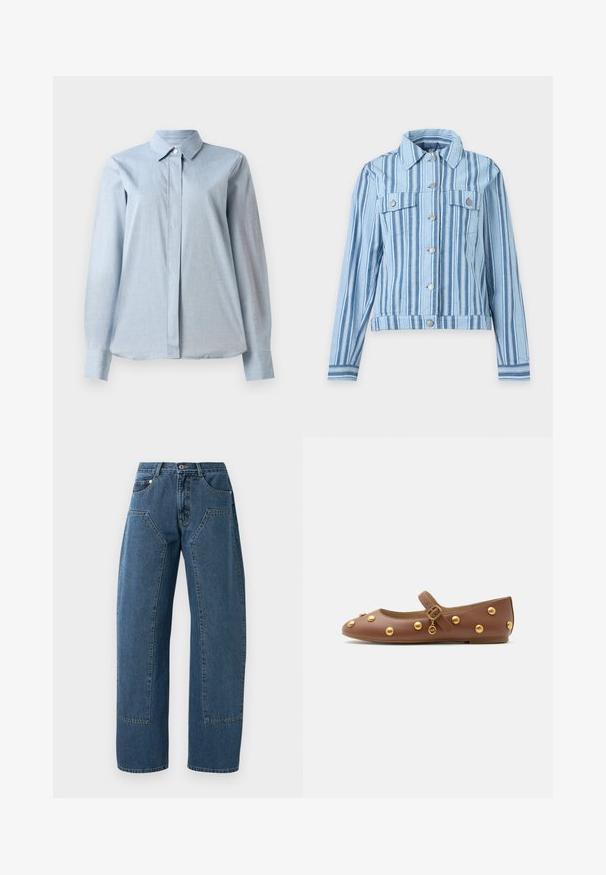Lichtblauw jasje met verticale witte en marineblauwe strepen, knoopsluiting aan de voorkant, twee borstzakken en lange mouwen met knoopmanchetten.; Lichtblauw overhemddesign met een kraag, lange mouwen, een voorste sluiting en een gladde stoftextuur. De onderkant is licht gebogen.; Blauwe denim jeans met wijde benen, grote voorzakken, knoopsluiting en riemlussen.; Bruine leren Mary Jane ballerina met gouden studs, verstelbare gesp en klein rond metalen bedeltje aan de zijkant.