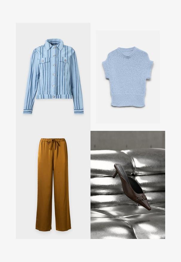 Chaqueta azul clara con rayas verticales blancas y azul marino, cierre frontal con botones, dos bolsillos en el pecho y mangas largas con puños abotonados.; Jersey tejido de manga corta de color azul claro con cuello, puños y dobladillo acanalados, colocado plano sobre un fondo blanco.; Pantalones amplios de satén marrón con una cinturilla elástica y cordón de ajuste. Textura suave y diseño de largo completo con un ajuste relajado.; Mule de tacón marrón con punta puntiaguda y detalle de hebilla, flotando sobre una superficie de cuero plateado brillante y capitoné.