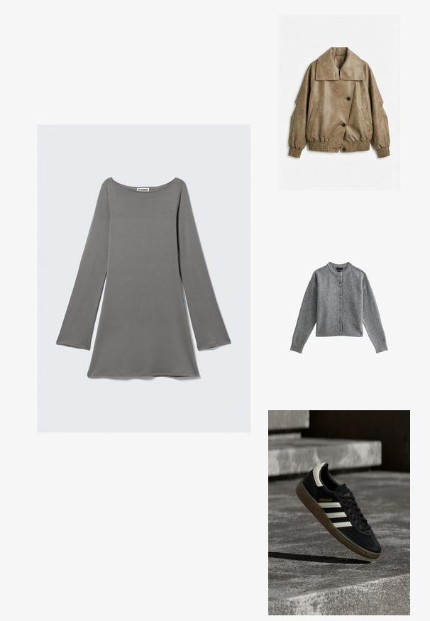 Chaqueta de piel sintética color topo con cuello ancho, cierre de botones, puños y dobladillo elásticos, y dos bolsillos frontales en ángulo sobre fondo blanco.; Cárdigan de punto gris con cuello redondo, mangas largas y cierre de botones en la parte delantera. Presenta puños y dobladillo acanalados, fabricado en un material suave.; Top de manga larga gris hecho de una tela suave y lisa. Presenta un escote ancho y mangas acampanadas, con un corte holgado.; Zapatilla negra de Adidas con rayas blancas y suela de goma flotando sobre escalones de concreto gris a la luz natural.