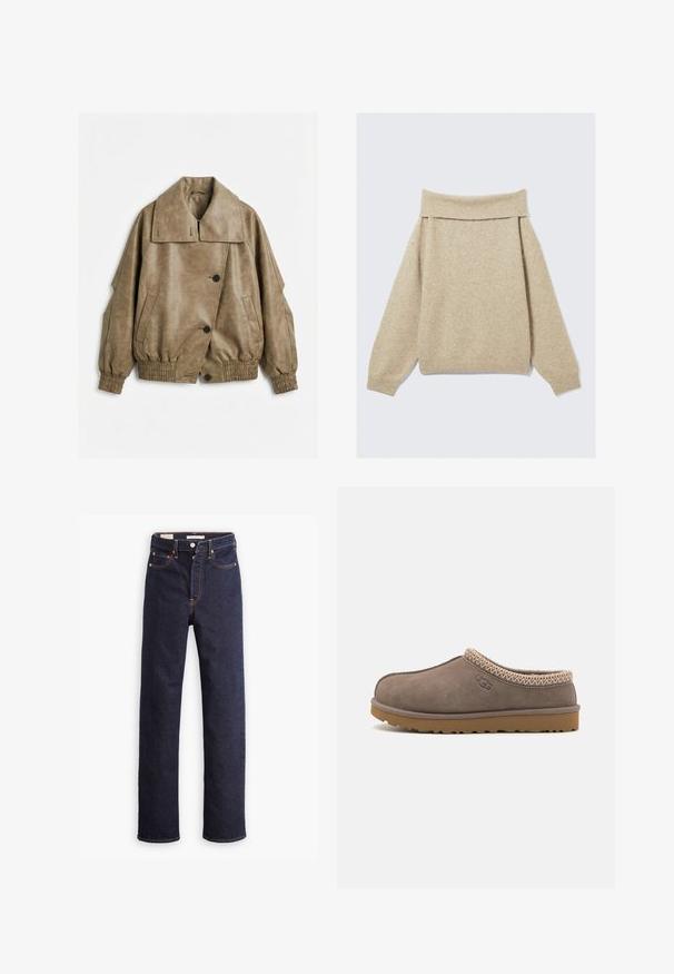 Taupekleurig jasje van nepleer met brede kraag, knoopsluiting, elastische manchetten en zoom, en twee schuine zakken aan de voorkant, op een witte achtergrond.; Beige off-shoulder trui gemaakt van zacht breimateriaal. Heeft een brede ribbelkraag en verlaagde schouders. Getextureerde stof met lichte variatie.; Donkerblauwe straight-leg denim jeans met vijf zakken en zichtbare oranje stiksels op een witte achtergrond.; Bruine leren klomp met een gestructureerde kraag, rubberen zool en geborduurde details. Kenmerken omvatten een ronde neus en een laagprofiel ontwerp.