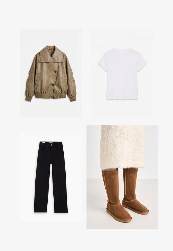 Taupe kunstlæderjakke med bred krave, knaplukning, elastiske manchetter og kant samt to skrå forlommer på hvid baggrund.; Hvid kortærmet t-shirt i bomuld med rund hals, lagt fladt på en hvid baggrund.; Sorte denim jeans med lige pasform, fem lommer, kobberdetaljer og en glat tekstur. To mærker synlige på taljebåndet.; Knæhøje brune ruskindsstøvler med en glat tekstur, der har sidesyninger og en gummisål for bedre greb.