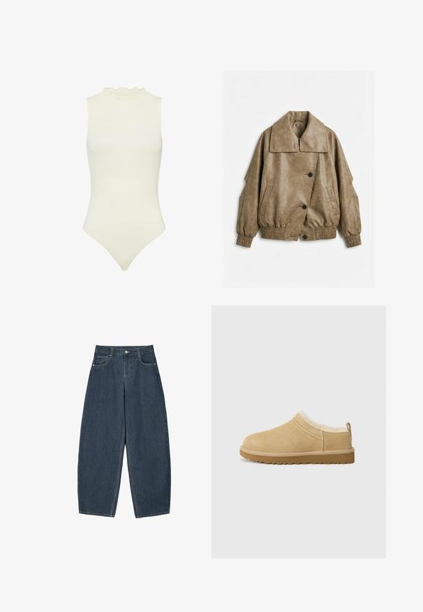 Veste en similicuir taupe avec large col, fermeture à boutons, poignets et bas élastiqués, et deux poches avant inclinées sur fond blanc.; Bodysuit blanc sans manches avec un col haut, orné d'une bordure à volants, fabriqué en matériau côtelé extensible, avec une silhouette ajustée.; Jeans en denim bleu foncé à jambes larges avec une taille haute, dotés de cinq poches et de détails de couture visibles. Design épuré et minimal.; Chaussure en daim à enfiler de couleur beige clair, dotée d'une douce doublure en fourrure et d'une semelle en caoutchouc texturé avec un léger talon et une sangle à l'arrière pour un enfilage facile.