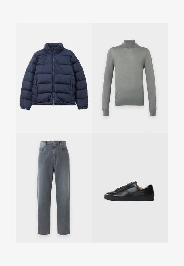 Marineblå jakke i puffer-design med høj krave, lynlås foran og quiltet mønster med horisontale sektioner for isolering. Glat, blankt stoffinish.; Lys grå turtleneck sweater, lavet af et glat strikket stof. Har lange ærmer og et tætsiddende design med ribbet hals og kant.; Højtraljede, lige ben jeans i falmet grå denim, med fem lommer, knaplukning og subtil falmning på stoffet.; Sorte lædersneakers med en glat overflade, rund tå og snørebåndslukning. Har en tyk gummisål og minimal branddetalje.