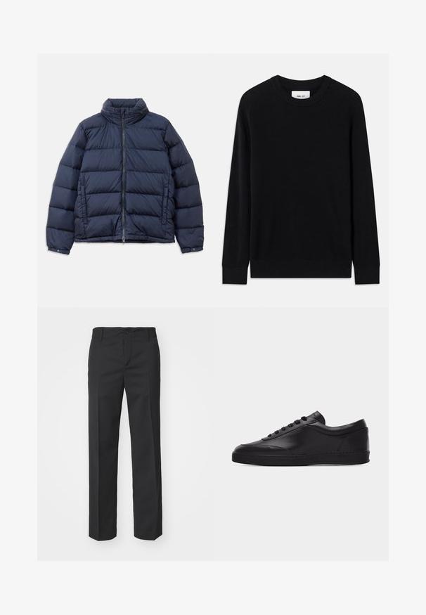 Marineblå jakke i puffer-design med høj krave, lynlås foran og quiltet mønster med horisontale sektioner for isolering. Glat, blankt stoffinish.; Sort ribbet sweater med rund halsudskæring, lange ærmer og strikket tekstur. Har en lige kant og en subtil brandinglabel indeni.; Filippa K TROY TROUSERS - Bukser - black; Sort lavtstående lædersneaker med snørebånd foran og flad gummisål, vist fra siden på en ensartet hvid baggrund.