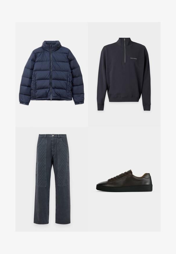Veste matelassée bleu marine avec un col haut, fermeture éclair à l'avant et un design matelassé avec des sections horizontales pour l'isolation. Finition en tissu lisse et brillant.; Pull noir à manches longues avec un col à demi-fermeture éclair et un petit logo "Tiger of Sweden" sur la poitrine gauche.; Jean gris foncé à coupe large, avec des patchs décoratifs à l'avant présentant un motif floral discret et des détails de poches standards.; Baskets basses en cuir marron foncé avec semelle en caoutchouc noire, lacets à l'avant et design minimaliste épuré sur fond clair.