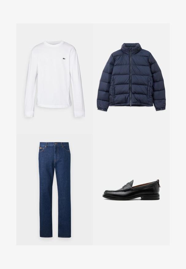 Marineblå jakke i puffer-design med høj krave, lynlås foran og quiltet mønster med horisontale sektioner for isolering. Glat, blankt stoffinish.; Hvid langærmet T-shirt lavet af bomuld. Har en ribbet rund halsudskæring og et lille grønt broderet logo på brystet. Simpelt design.; Mørkeblå denimjeans med lige ben-design, prydet med orange syninger, fem lomme-styling og bæltestropper i taljen.; Sort læder herre loafer med moc-tå syning, penny strop, struktureret krave og lav stablet hæl på hvid baggrund.