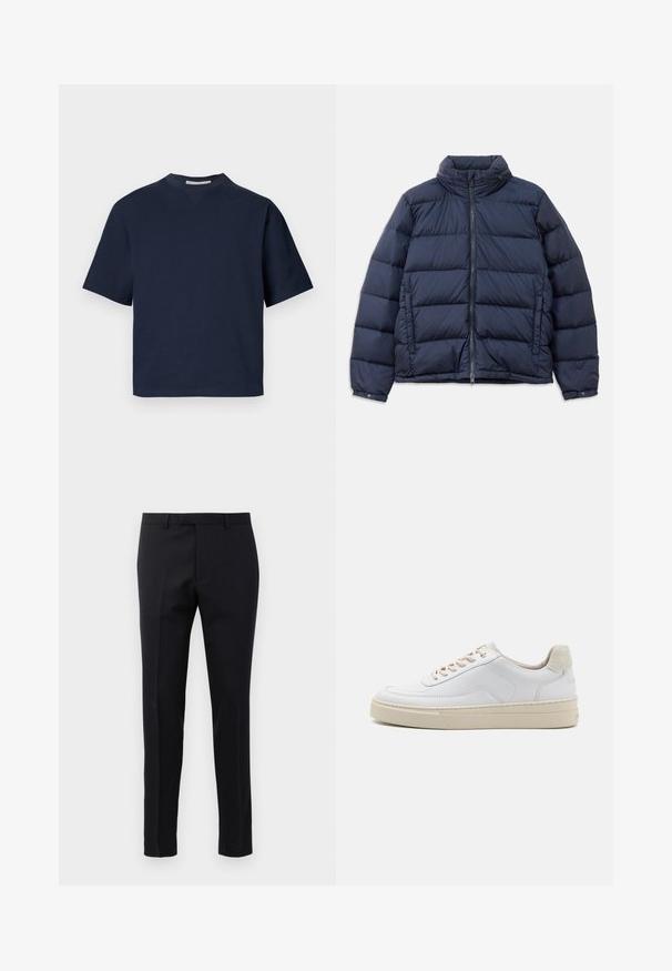 Chaqueta de plumas azul marino con cuello alto, cierre de cremallera en la parte delantera y diseño acolchado con secciones horizontales para aislamiento. Acabado de tejido suave y brillante.; Camiseta de manga corta azul marino con escote en V, hecha de material suave, con un ajuste relajado y un diseño minimalista, sin patrones ni herrajes visibles.; Pantalones formales negros de tela suave, con un diseño ajustado, piernas rectas, presillas para cinturón y parte delantera plana.; Zapatilla blanca con parte superior de cuero suave, cordones beige y un tirador de talón de ante beige texturizado. Suela elevada para mayor altura.