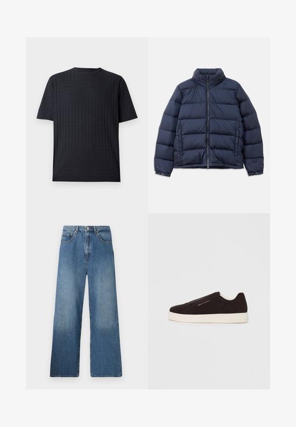 Marineblå jakke i puffer-design med høj krave, lynlås foran og quiltet mønster med horisontale sektioner for isolering. Glat, blankt stoffinish.; Sort kortærmet t-shirt med et struktureret gittermønster, rund halsudskæring og en afslappet pasform. Lavet af et blødt, let stof.; Bredde ben blå denim jeans med et klassisk fem-lomme design, frontlukning med knap og let falming for tekstur.; Sorte suede slip-on sneakers med hvid gummisål, der har en glat overflade og subtil branding på siden. Klassisk design og struktur.