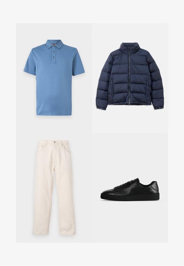 Marineblå jakke i puffer-design med høj krave, lynlås foran og quiltet mønster med horisontale sektioner for isolering. Glat, blankt stoffinish.; Blå kortærmet poloshirt med klassisk krave, tre-knaps stolpelukning og diskret "MK" logo på venstre bryst.; Beige lige jeans i denim med knaplukning, fem lommer og synlige syninger. Glat tekstur.; Svært lavprofileret sort lædersneaker med snørebånd foran og tekstureret flad sål, vist fra siden på en neutral baggrund.