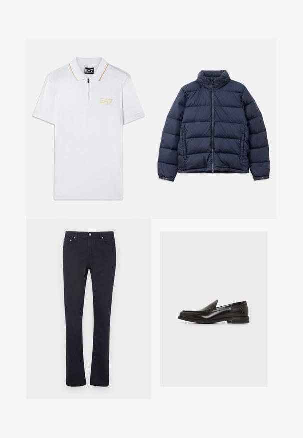 Navy Puffermantel mit hohem Kragen, Reißverschluss vorne und gesteppter Optik mit horizontalen Abschnitten zur Isolierung. Glatte, glänzende Stoffoberfläche.; Weißes Poloshirt mit Reißverschlusskragen, kurzen Ärmeln und orangefarbenen Akzenten. Mit gesticktem EA7-Logo in Gelb auf der linken Brust.; Navyblaue Baumwollhose mit geradem Bein, ausgestattet mit Fronttaschen, einem Reißverschluss und metallischen Akzenten.; Schwarzer Leder-Slipper mit niedrigem Absatz und abgesteppten Details, seitliches Label, auf schlichtem weißen Hintergrund.