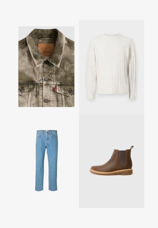 Verwaschene grüne Denim Levi's Jacke mit Knopfverschluss, Brusttaschen und gebrandetem Lederlabel innen am Kragen.; Cremefarbener Pullover mit geripptem Muster, rundem Halsausschnitt und langen Ärmeln. Weicher Stoff mit lockerer Passform.; Hellblaue Jeans aus Denim mit geradem Beinschnitt. Merkmale sind ein Knopfverschluss, fünf Taschen und gestickte Details entlang der Nähte.; Braune Leder-Ankle-Boots mit elastischen Seitenpaneelen, einer strukturierten Sohle und einer Zuglasche; abgerundete Zehenpartie und kontrastierende Nähte.