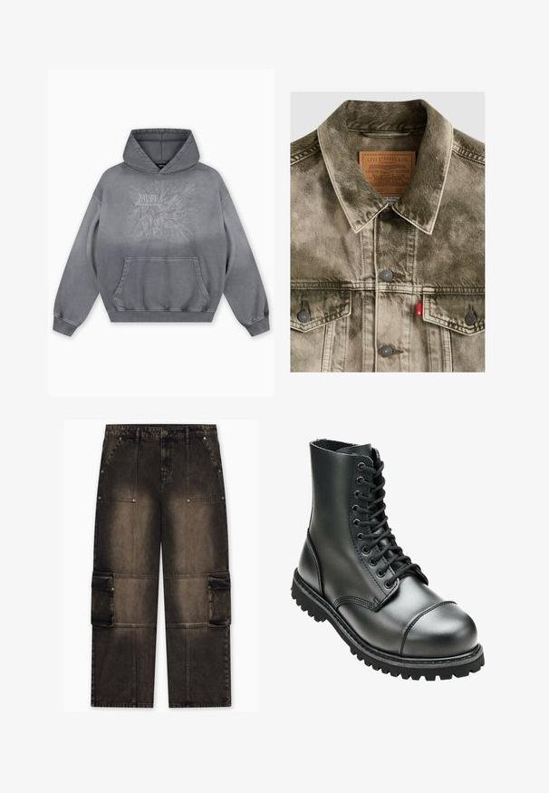 Verwaschene grüne Denim Levi's Jacke mit Knopfverschluss, Brusttaschen und gebrandetem Lederlabel innen am Kragen.; Grauer Kapuzenpullover mit einer strukturierten Druckgrafik, die "FAVELA Worldwide" und ein Adlerdesign zeigt, Kängurutasche vorne und gerippte Bündchen.; Cargohosen aus dunkelbraunem Denim mit verwaschenem Finish, ausgestattet mit zwei Seitentaschen, verstärkten Nähten und Druckknopfdetails am Bund.; Schwarze Lederkampfstiefel mit hohem Knöchel, runder Zehenpartie, Schnürung vorne und robustem Gummisohle mit tiefem Profil für besseren Grip.