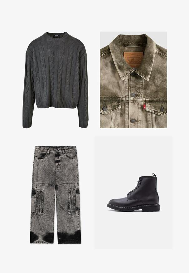Gennembleget grøn denim Levi's jakke med knaplukning, brystlommer og mærket læderlabel indeni kraven.; Cable-strikket pullover i mørkegrå med rund halsudskæring, drop-skulder og ribbet bund. Har teksturerede mønstre overalt.; FAVELA BIG POCKET - Loose-jeans - black acid washed; Sort læder ankelstøvle med snørebånd, tyk sål og trække-flig bagpå, vist i sideprofil mod en hvid baggrund.