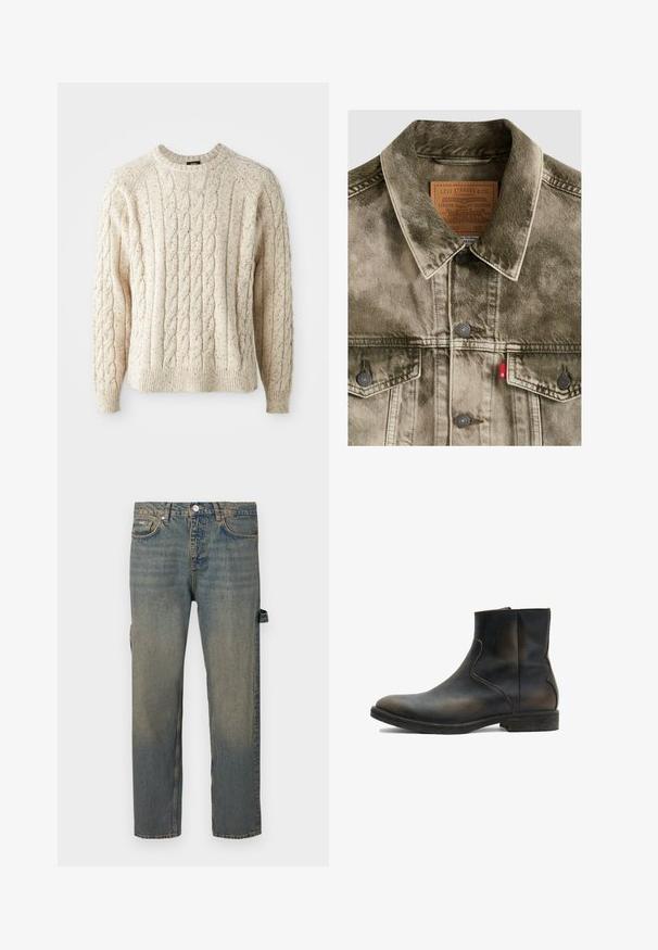 Verwaschene grüne Denim Levi's Jacke mit Knopfverschluss, Brusttaschen und gebrandetem Lederlabel innen am Kragen.; Cremfarbener Kabelstrickpullover mit Rundhalsausschnitt, strukturiertem Muster und gerippten Bündchen und Saum. Hergestellt aus weicher, dicker Wolle.; Dunkelblaue Jeans in hellblau mit einem ausgewaschenen Effekt, geradem Bein, fünf Taschen und Gürtelschlaufen. Verfügt über ein seitliches Riemen-Detail.; AllSaints LANG - Stiefelette - brown