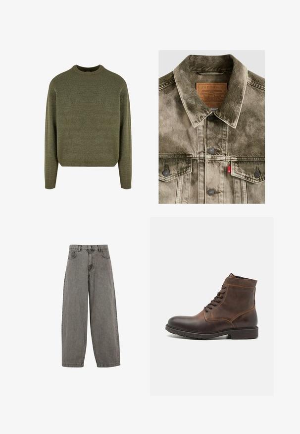 Gennembleget grøn denim Levi's jakke med knaplukning, brystlommer og mærket læderlabel indeni kraven.; Grøn uldblandings sweater med rund hals, ribbede manchetter og kant, samt en blød, struktureret finish. Klassisk, afslappet pasform med sænkede skuldre.; Grå denim bukser med høj talje, brede ben, klassisk fem-lomme design og knaplukning foran. Let struktureret finish.; Jack & Jones JFWDELANEY BOOT - Snørestøvletter - cognac