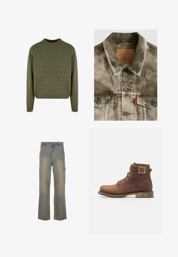 Chaqueta Levi's de mezclilla verde descolorida con cierres de botones, bolsillos en el pecho y etiqueta de cuero con marca dentro del cuello.; Suéter de mezcla de lana verde con cuello redondo, puños y dobladillo acanalados, y un acabado suave y texturizado. Ajuste clásico y relajado con hombros caídos.; Karl Kani WORKWEAR DIRTY - Vaqueros boyfriend - vintageblue; Harley Davidson VNTGMOTO SHORT RIDING APPROVED - Botines camperos - brown