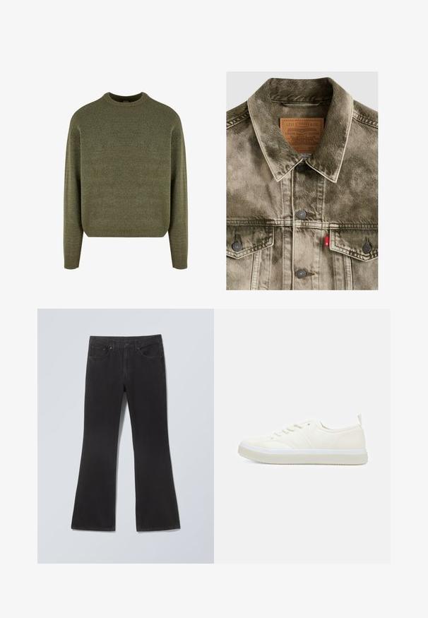 Chaqueta Levi's de mezclilla verde descolorida con cierres de botones, bolsillos en el pecho y etiqueta de cuero con marca dentro del cuello.; Suéter de mezcla de lana verde con cuello redondo, puños y dobladillo acanalados, y un acabado suave y texturizado. Ajuste clásico y relajado con hombros caídos.; Vaqueros negros de mezclilla con perneras acampanadas, botón y cremallera en la parte delantera, y cinco bolsillos, dispuestos sobre un fondo claro.; Calvin Klein TOP LACE UP UNIFIT - Zapatillas - salt bay