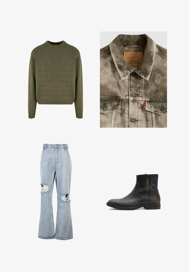 Chaqueta Levi's de mezclilla verde descolorida con cierres de botones, bolsillos en el pecho y etiqueta de cuero con marca dentro del cuello.; Suéter de mezcla de lana verde con cuello redondo, puños y dobladillo acanalados, y un acabado suave y texturizado. Ajuste clásico y relajado con hombros caídos.; Jeans vaqueros de mezclilla azul claro de cintura alta con piernas anchas y agujeros desgastados prominentes en ambas rodillas, bordes deshilachados alrededor de los desgarros.; AllSaints LANG - Botines - brown