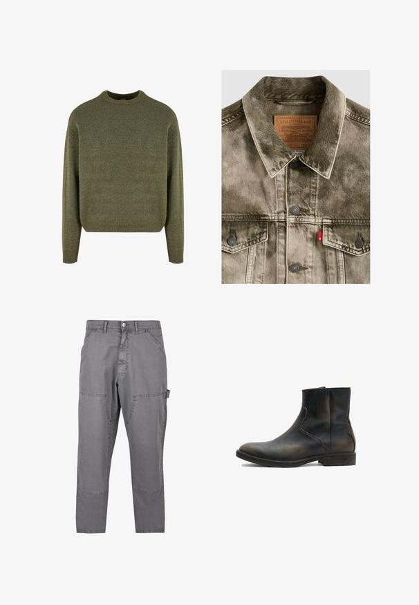 Gennembleget grøn denim Levi's jakke med knaplukning, brystlommer og mærket læderlabel indeni kraven.; Grøn uldblandings sweater med rund hals, ribbede manchetter og kant, samt en blød, struktureret finish. Klassisk, afslappet pasform med sænkede skuldre.; Grå cargo-bukser lavet af bomuld, med lige pasform, sidelommer og dobbeltsyning for holdbarhed.; AllSaints LANG - Støvletter - brown