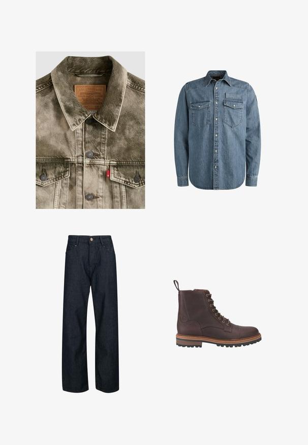 Gennembleget grøn denim Levi's jakke med knaplukning, brystlommer og mærket læderlabel indeni kraven.; Lyseblå denimskjorte med lange ærmer, knaplukning foran, to brystlommer og et prægede mærke. Har et klassisk western-stil design.; Mørkeblå denim jeans med lige pasform, der har knaplukning, fem lommer og kontrastsyninger på sømmene.; Brune læder støvler med snørebånd ved anklen, med en tekstureret overflade, kontrasterende beige såler og metaløjer. Har en trækflig for nem påtagning.