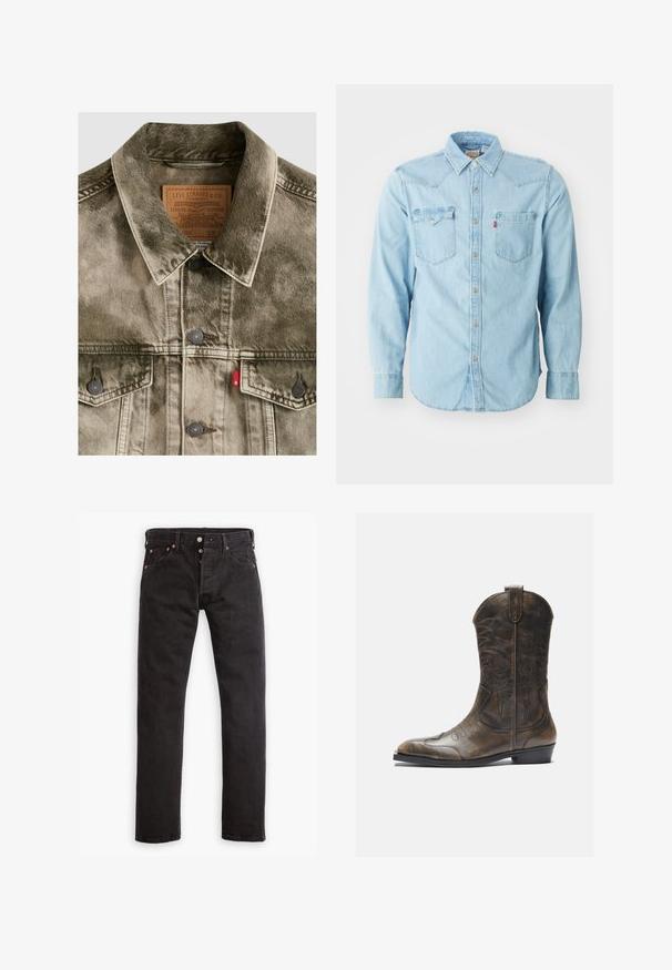 Veste en denim vert délavé Levi's avec fermetures à boutons, poches poitrine et étiquette en cuir de marque à l'intérieur du col.; Chemise en denim bleu clair à manches longues avec un col pointu, deux poches poitrine, des boutons-pression argentés et des coutures contrastées. Texture lisse.; Jean slim noir avec patte de boutonnage, cinq poches et rivets en cuivre, à plat sur fond blanc.; Botte de cow-boy en cuir marron avec un long tige, un bout pointu, des motifs de couture complexes et un petit talon. Finition texturée tout au long.
