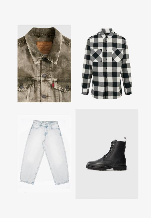 Gennembleget grøn denim Levi's jakke med knaplukning, brystlommer og mærket læderlabel indeni kraven.; Sort og hvid flannel skjorte med et stort ternet mønster, lange ærmer, knaplukning foran og to brystlomme. Lavet af blødt stof.; Lyseblå denimjeans med høj talje, lige brede ben, knap- og lynlåslukning samt lommer foran og bagpå.; Sort læder ankelstøvle med rund tå, snøredesign og metaløjer. Har en tekstureret sål og en pull-tab ved hælen for nem påtagning.