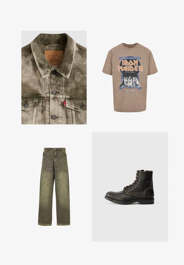 Verwaschene grüne Denim Levi's Jacke mit Knopfverschluss, Brusttaschen und gebrandetem Lederlabel innen am Kragen.; Braunes Baumwoll-T-Shirt mit einem Grafikdruck, auf dem "Iron Maiden Tour 1985", Pyramiden und Text in blau und orange abgebildet sind.; Olivengrüne Jeans mit weitem Bein aus Denim, ausgestattet mit geschwungenen Nahtakzenten, klassischen Knopfverschluss und einem verwaschenen Finish.; Braune Leder-Ankle-Boots mit runder Zehenform, sieben Ösen-Design, weißen Nähten und strukturiertem Obermaterial. Robuste Gummisohle, klassischer Stil.