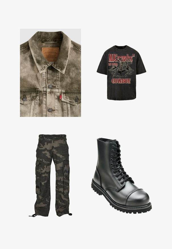 Verbleekte groene denim Levi's jas met knoopsluitingen, borstzakken en merkleren label binnen de kraag.; Zwarte graphic T-shirt met een cowboy op een paard, met "MJ Gonzales™ DE ORIGINELE COWBOY" in vette rode letters. Zacht katoen.; Camouflage cargobroek in donkergroen en grijs, met meerdere zijzakken, een knoopsluiting en verstelbare enkelkoordjes.; Zwarte leren combatboot met hoge enkel, ronde neus, vetersluiting aan de voorkant, en robuuste rubberen zool met diepe profiel voor grip.