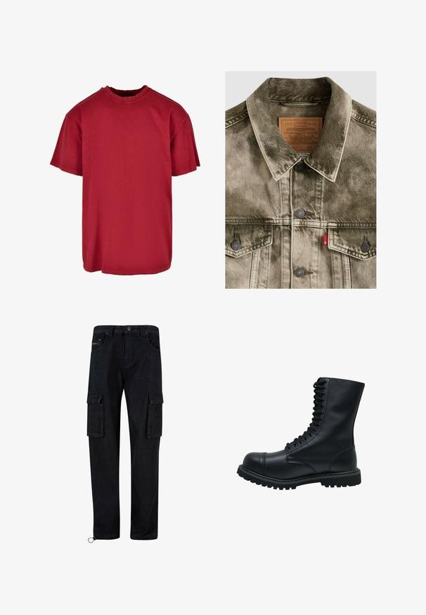 Chaqueta Levi's de mezclilla verde descolorida con cierres de botones, bolsillos en el pecho y etiqueta de cuero con marca dentro del cuello.; Camiseta de algodón roja con un corte relajado, mangas cortas, cuello redondo y detalles desgastados cerca de los hombros. Sin logotipos visibles.; Pantalones cargo negros de mezclilla, con múltiples bolsillos laterales, una cintura estándar y un diseño de pierna recta. Destacan por una etiqueta de marca.; Botín de cuero negro con cordones, punta redonda, caña alta, suela de goma gruesa y superficie texturizada. Presenta costuras reforzadas a lo largo de las uniones.