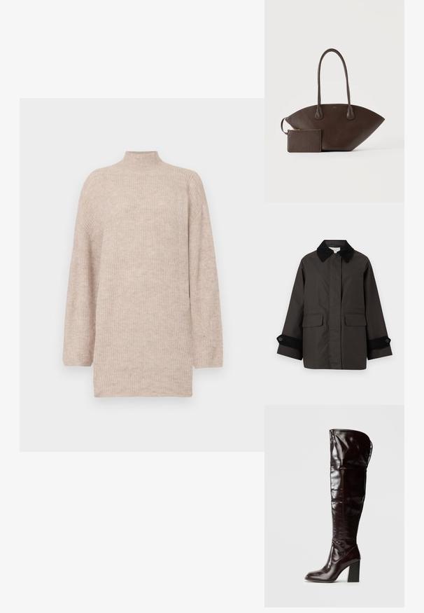 Mørkebrun frakke lavet af glat stof med en sort corduroy krave. Har to frontlommer og sorte ribbede manchetter med knapper.; Beige højhalset sweater med faldende skuldre, lavet af ribbet strikmateriale. Løs pasform med lange ærmer og en blød tekstur.; Knæhøje, blanke bordeauxrøde læderstøvler med firkantet tå og blokhæl, der har et løstsiddende design og minimale syningsdetaljer.; Mørkebrun læderhåndtaske med lange håndtag og matchende lille lynlåspung på en ensartet lys baggrund.