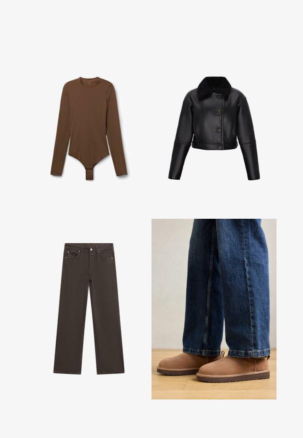 Zwarte leren cropped jas met vier knopen aan de voorkant en een brede, zachte shearlingkraag.; Langlijf bruin body gemaakt van gladde stof, met een ronde halslijn, aansluitend ontwerp en drukknoopsluiting aan de onderkant.; Bruine, wijd uitlopende spijkerbroek gemaakt van denim. Voorzien van twee voorzakken, een knoop en een rits. Gladde textuur met een eenvoudig ontwerp.; Bruine suède enkelboots met een platte zool, ronde neus en een klein aantrek-lipje, gecombineerd met blauwe denim jeans met een rechte pasvorm.