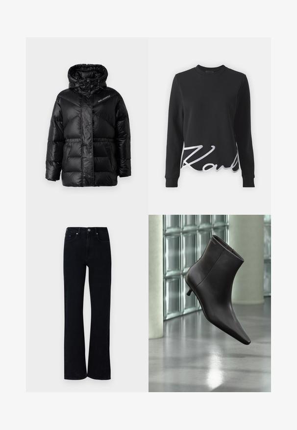 KARL LAGERFELD PUFFER JACKET - Winterjas - black; Zwarte sweatshirt van katoen met lange mouwen, een ronde hals en een witte geborduurde 'K' accent aan de onderkant vooraan.; Zwarte denim jeans met een uitlopende pijpdesign. Bevat twee voorzakken, een kleine blauwe accent en een standaard knoopsluiting.; Zwarte leren enkellaars met puntige neus en lage hak, afgebeeld tegen een glazen blokkenmuur en gepolijste vloer op de achtergrond.
