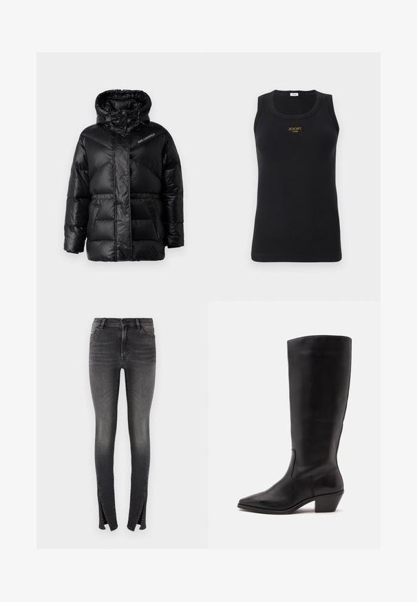 KARL LAGERFELD PUFFER JACKET - Vinterjakker - black; Sort ribbet tanktop med en tætsiddende pasform, der har et guldlogo-patch på brystet. Lavet af strækbart stof, ærmeløs med rund halsudskæring.; Slanke jeans i mørk grå denim, med høj talje, frontlommer og unikke slidser ved anklerne for et moderne design.; Sort læderstøvle til midtkalv med spids tå og lavt skråt hæl på en enkel lys baggrund.